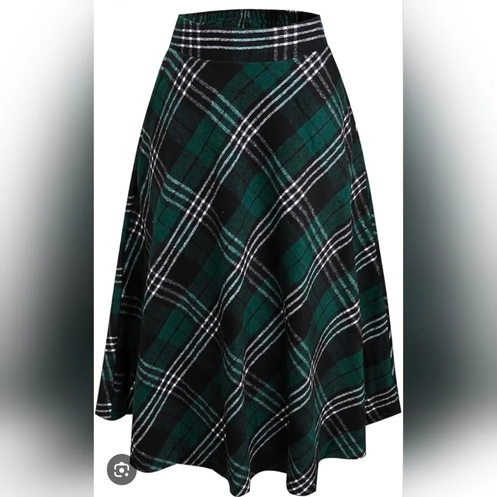 Womens Winter Plaid Wool Long Skirt High Waist Elegant A-line Pleated Tartan Max